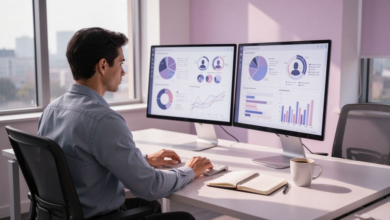 A person works at a desk viewing digital data charts and professional contact profiles on multiple screens.