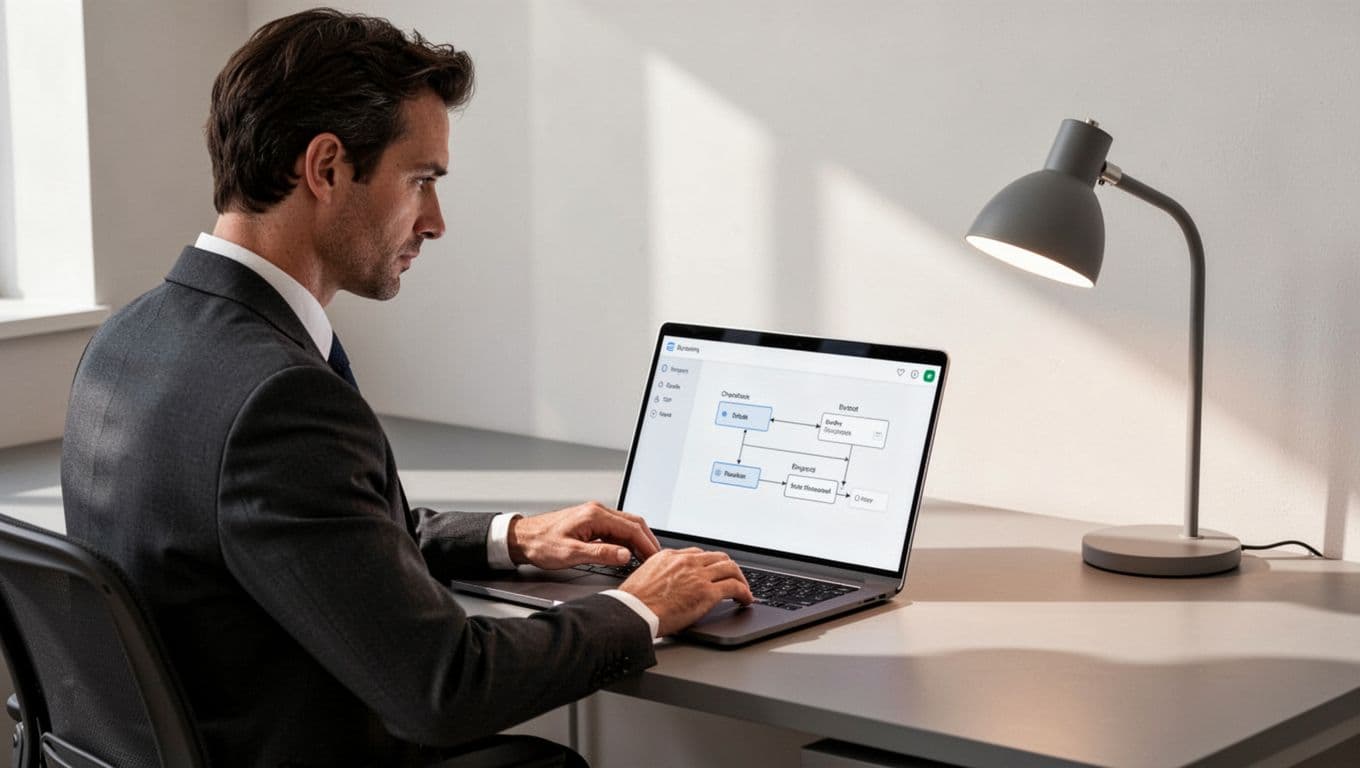 Professional at clean desk focuses on laptop showing LinkedIn automation dashboard with connection request settings.