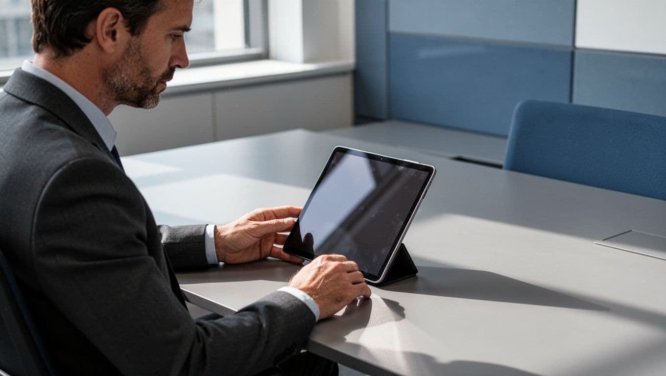 A person sits at a modern desk thoughtfully reviewing data on a handheld digital tablet.