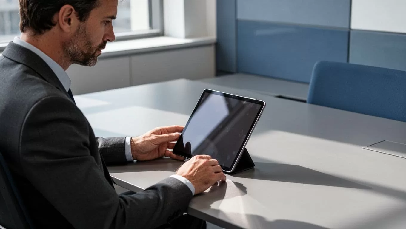A person sits at a modern desk thoughtfully reviewing data on a handheld digital tablet.