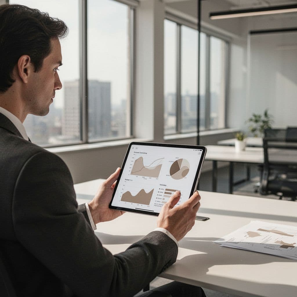 A person stands in a modern, minimalist office workspace reviewing financial charts on a tablet screen.