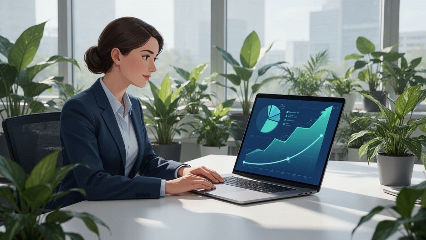 Professional at modern desk in bright office with plants views angled laptop screen showing abstract MRR trend graph, churn pie chart, and retention curve.