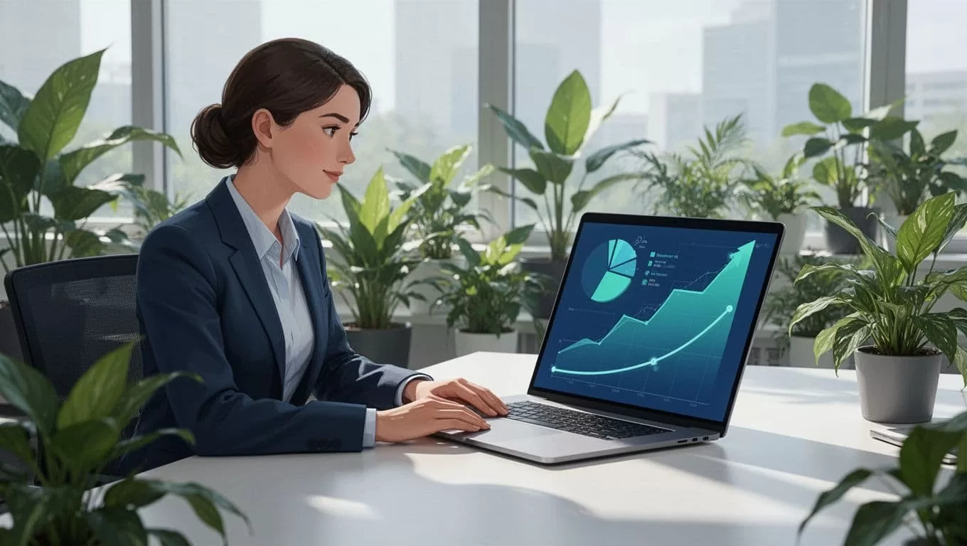Professional at modern desk in bright office with plants views angled laptop screen showing abstract MRR trend graph, churn pie chart, and retention curve.