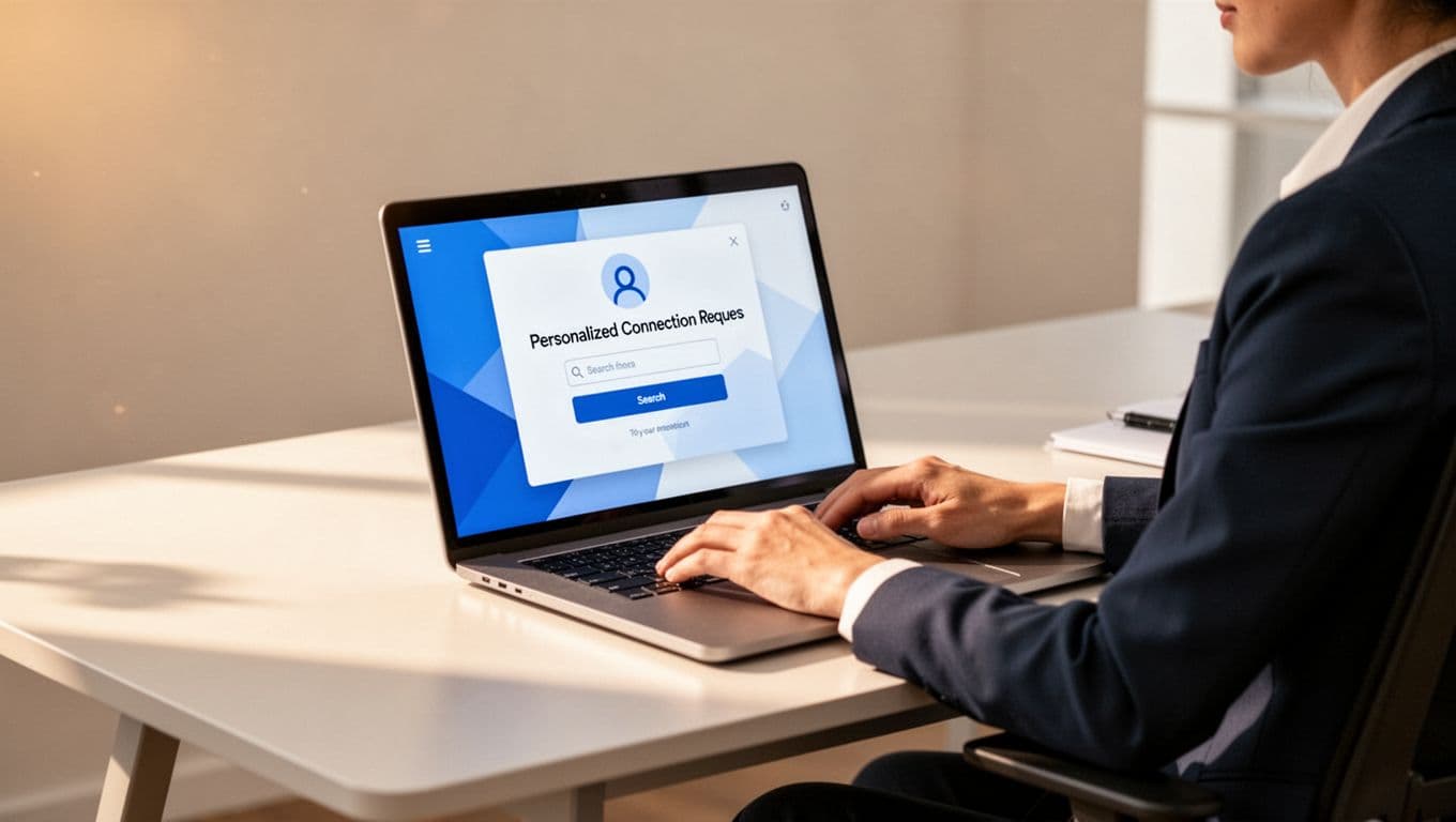 Professional at clean office desk focuses on laptop open to LinkedIn, typing connection request with relaxed hands.