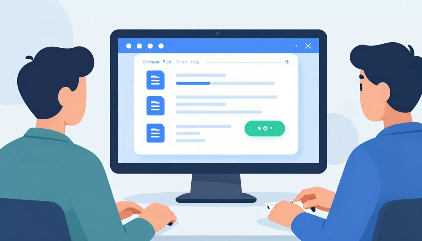Professional shares document link from laptop as colleague receives notification on device in modern office.