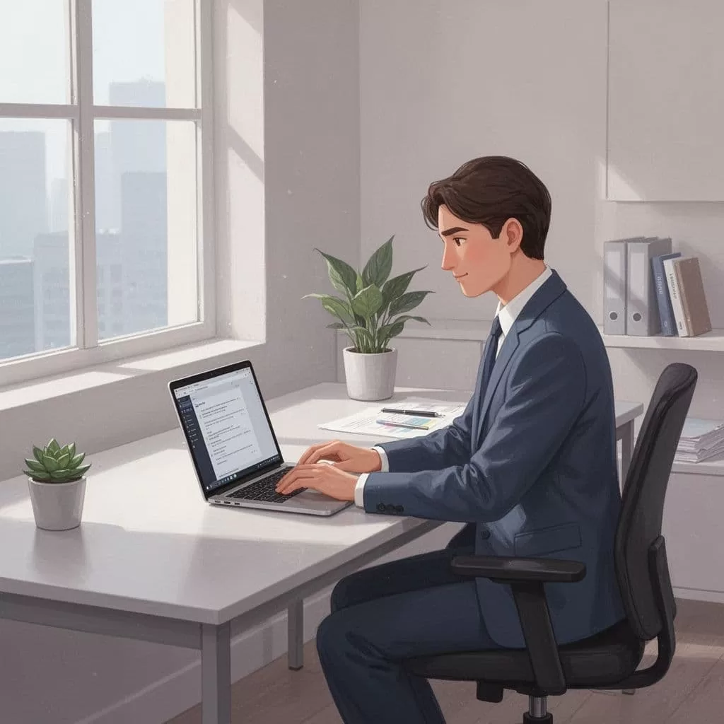 A professional works on a laptop in a tidy office with a calm color palette.