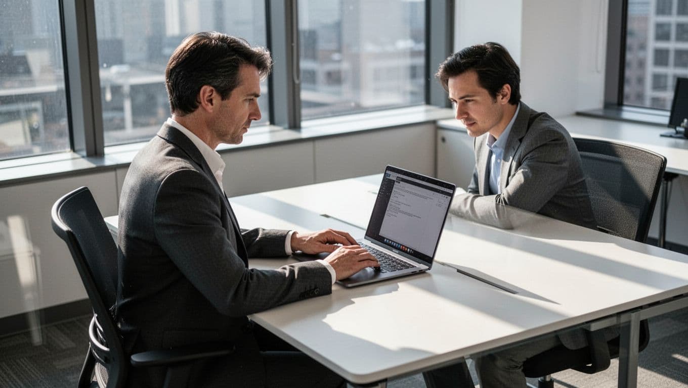 A focused professional works on a laptop in a bright, clean office environment with natural light.