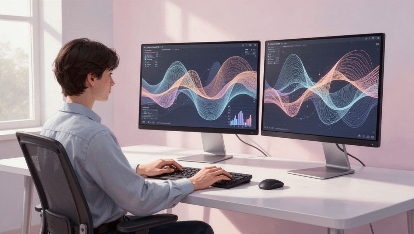 A person sits at a minimalist desk viewing abstract data visualizations across two computer monitors.