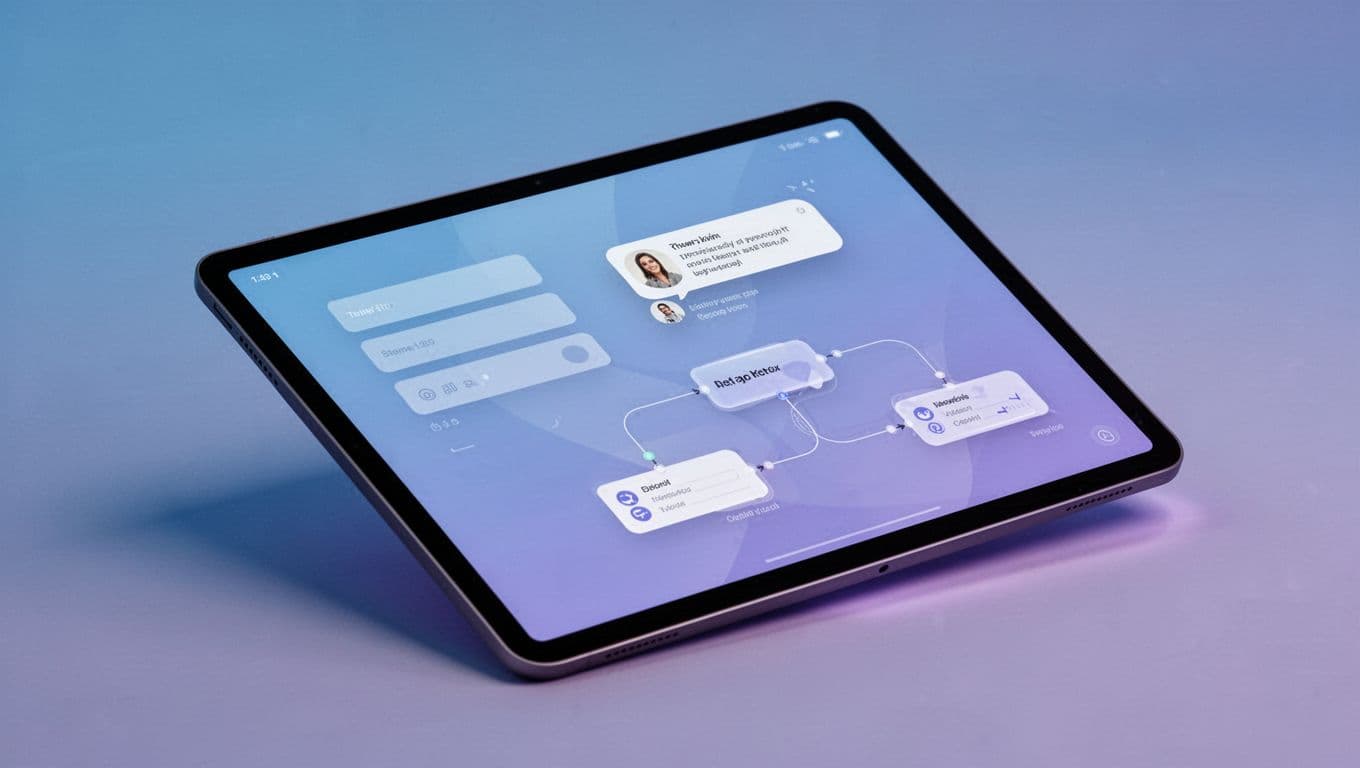 Angled device screen with input fields, preview chat bubble, and data workflow nodes in blue-purple minimal design.
