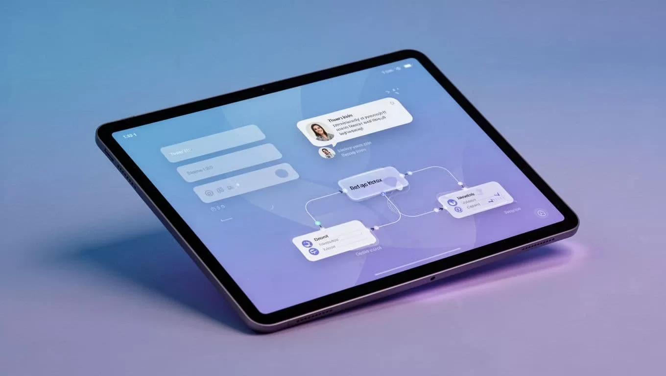 Angled device screen with input fields, preview chat bubble, and data workflow nodes in blue-purple minimal design.