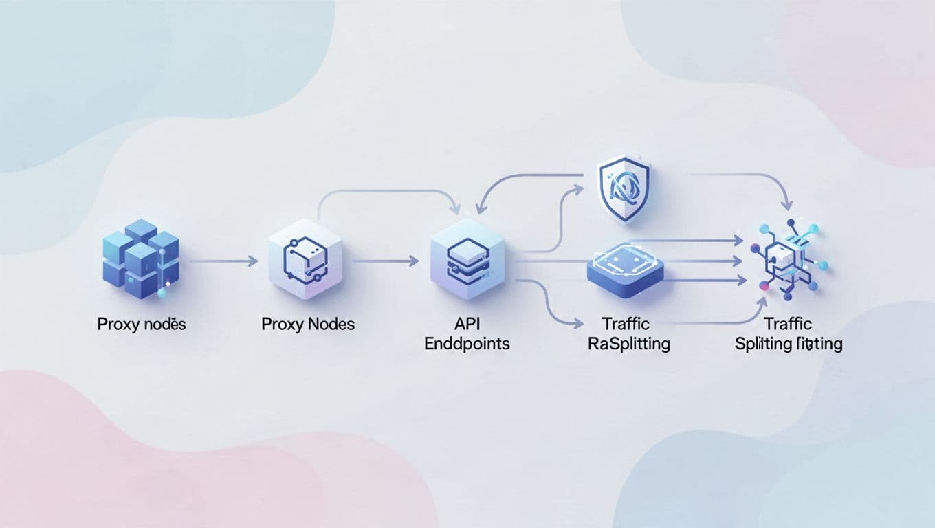 Step-by-step icons connected by arrows show proxy configuration, API endpoint pointing, and traffic splitting to multiple paths.