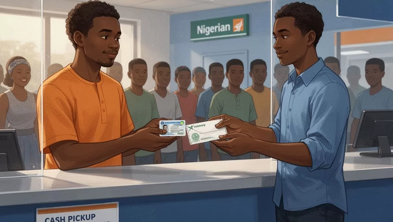 Recipient presents ID at Nigerian bank counter to receive money envelope, with queue in background.