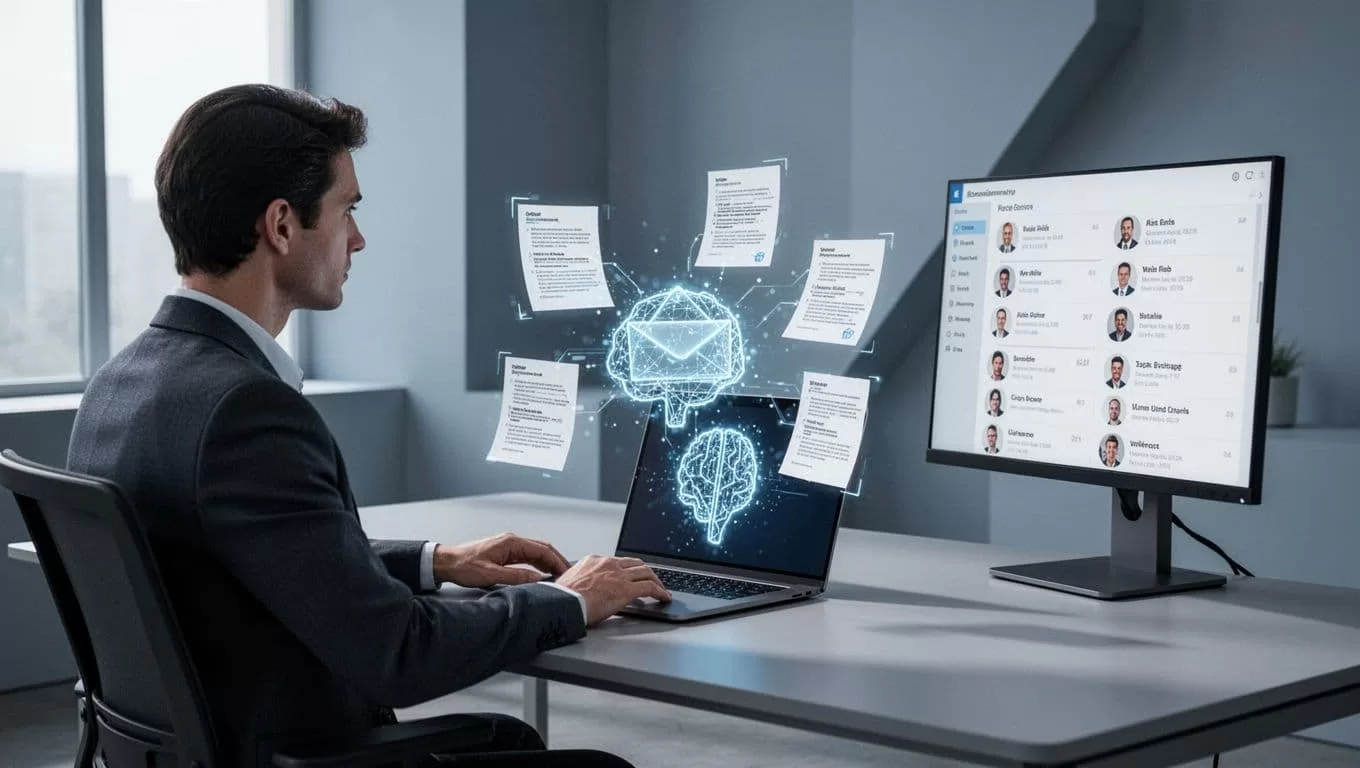 Recruiter at desk with incoming resume emails, laptop showing analysis icon on documents, screen displaying sorted candidate list.