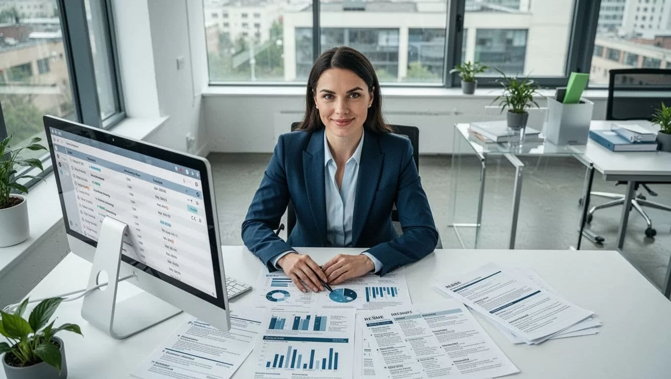 Overhead view of recruiter at desk reviewing email list on computer screen, with charts and resumes nearby in bright office.