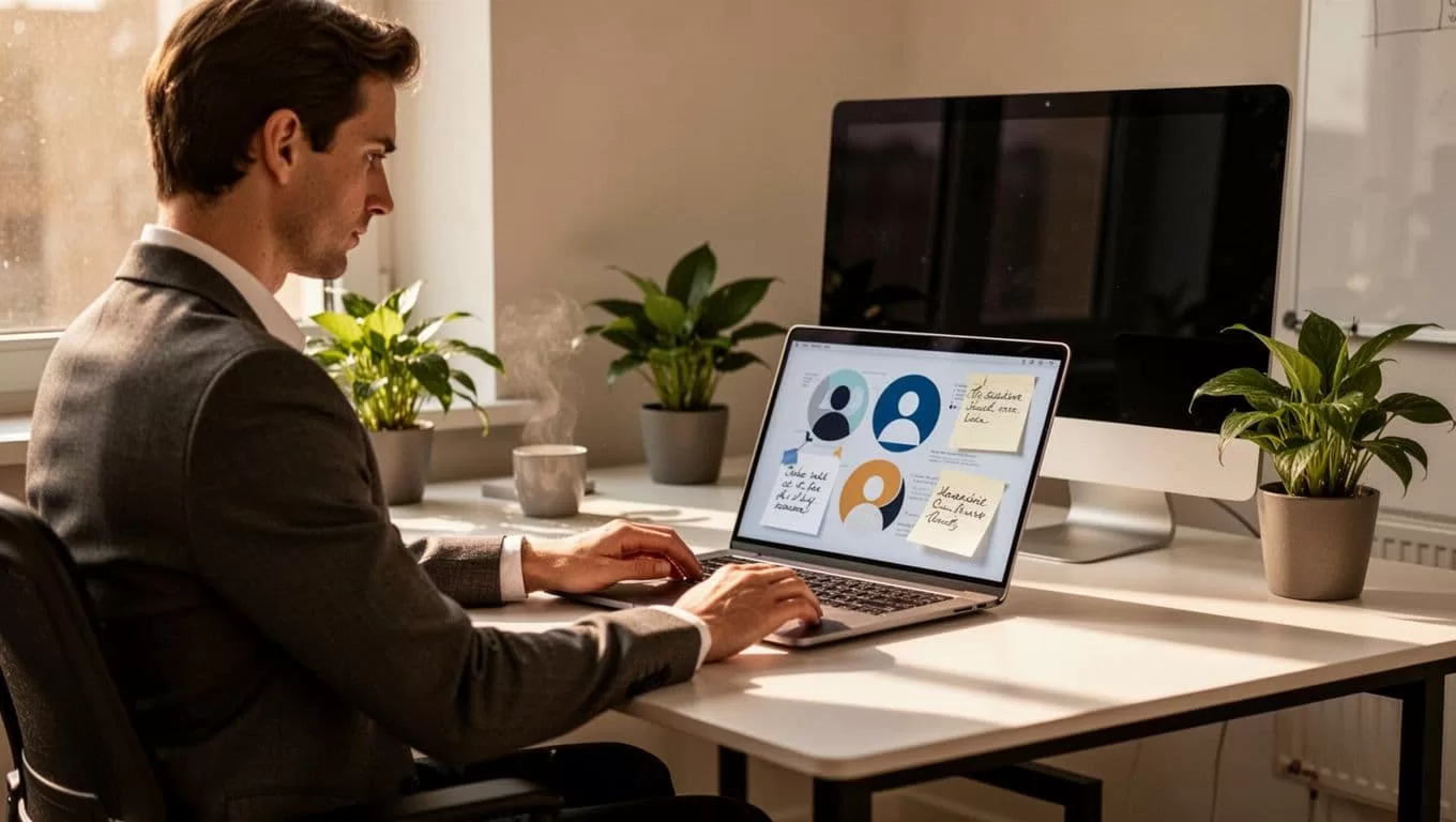 Recruiter at modern desk focused on laptop screen with profile icons and notes, surrounded by plants.