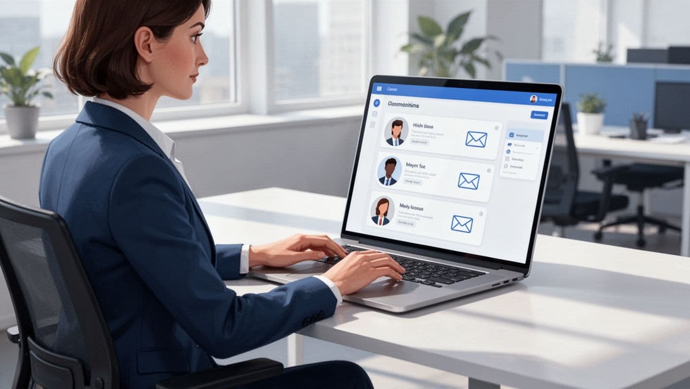 Recruiter sits at desk with laptop showing candidate profiles and email icons.