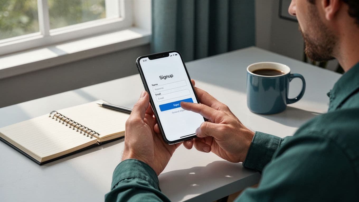 Person holds smartphone showing signup form at desk with notebook and coffee mug nearby.