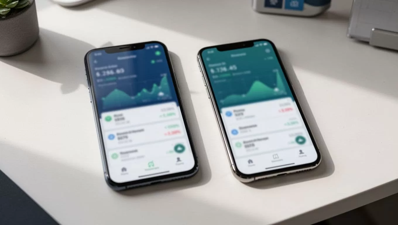 Two smartphones side by side on a clean desk show blurred app store pages for Remitly on Android and iOS.
