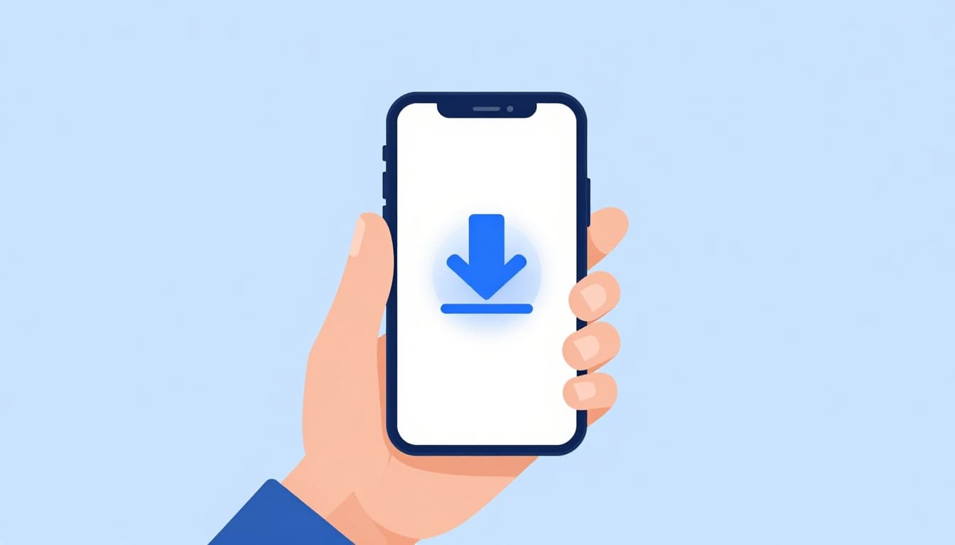 Hand holds smartphone displaying app download progress bar on simple background.