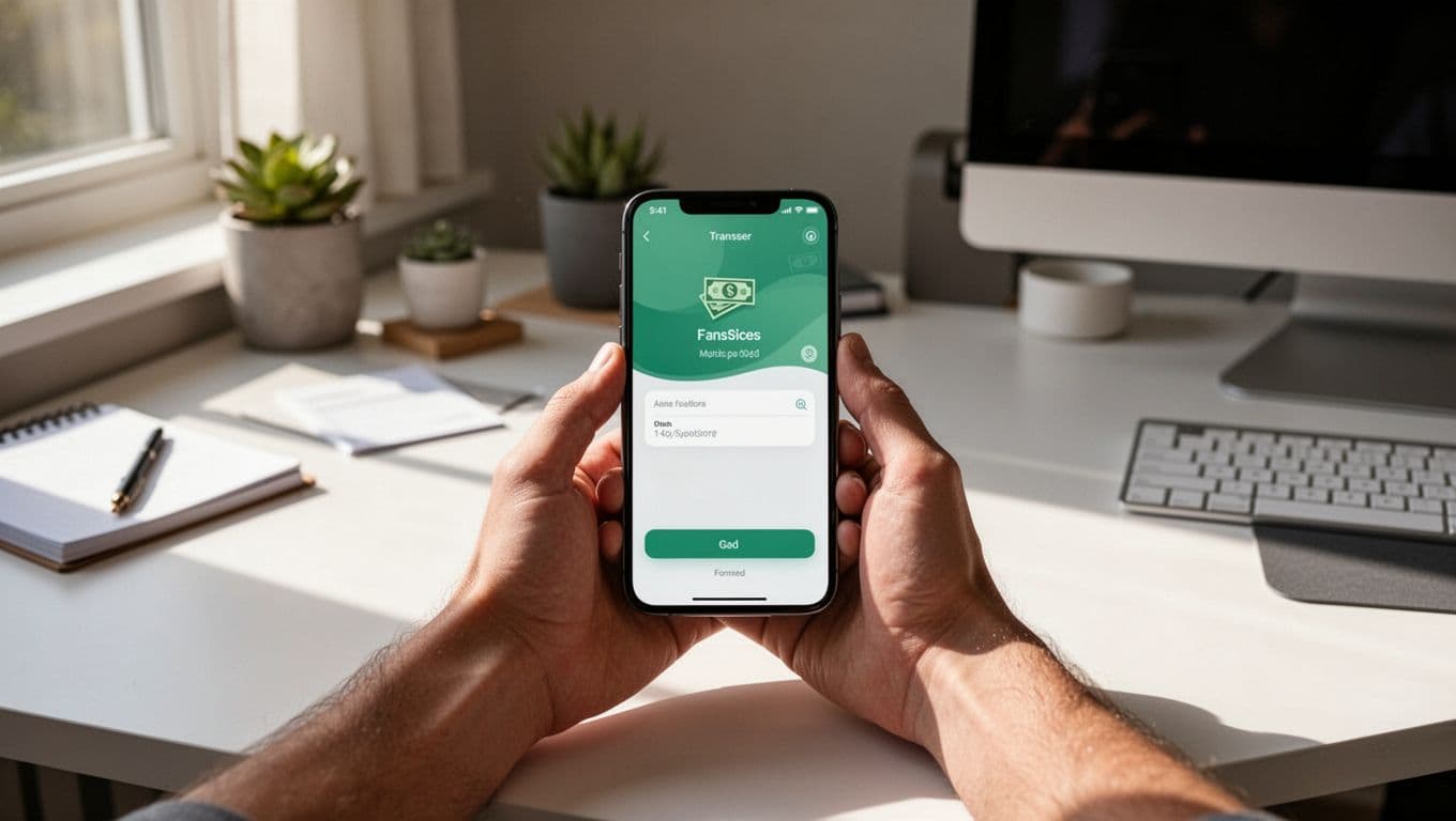 Hands hold phone showing Remitly send money form over desk with passport nearby.