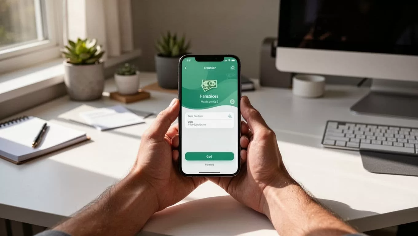 Hands hold phone showing Remitly send money form over desk with passport nearby.