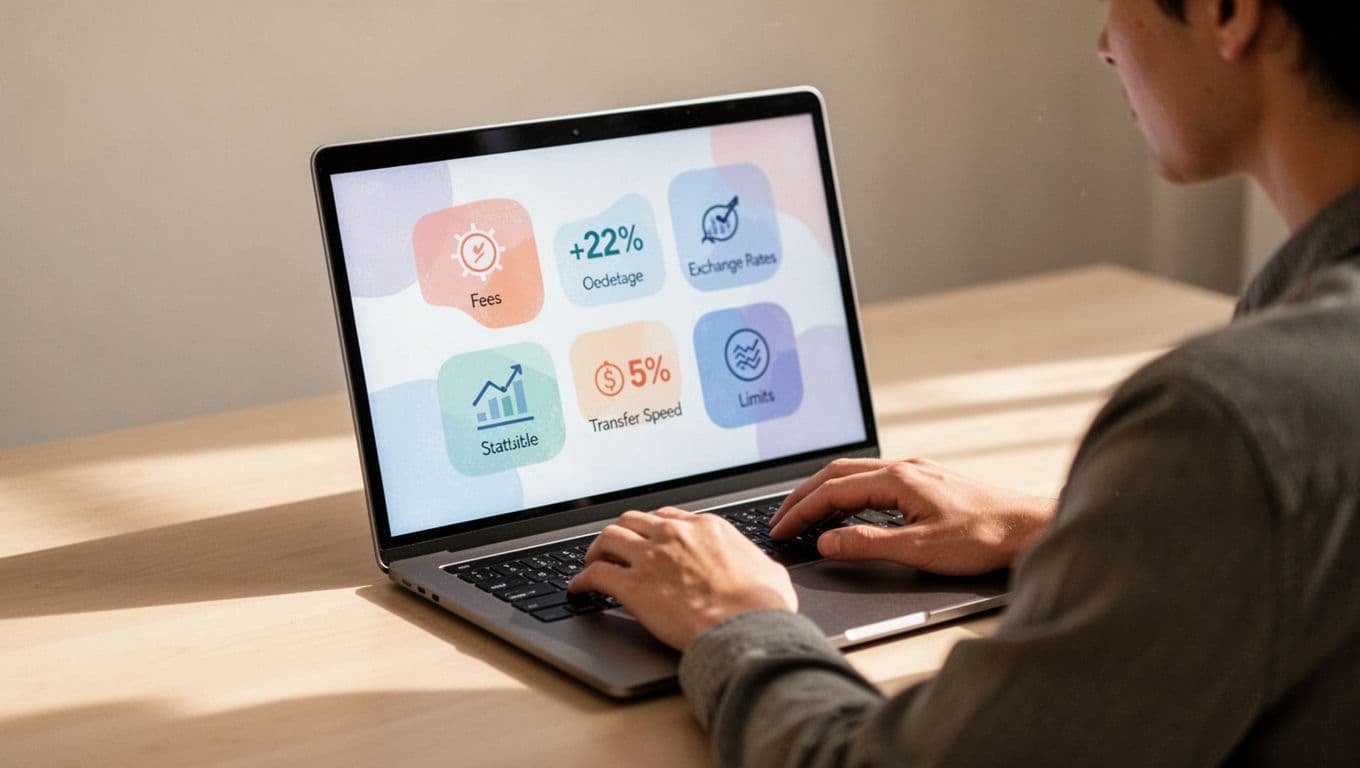 Person relaxes at desk reviewing blurred comparison icons for fees, exchange rates, speeds, and limits on laptop screen.