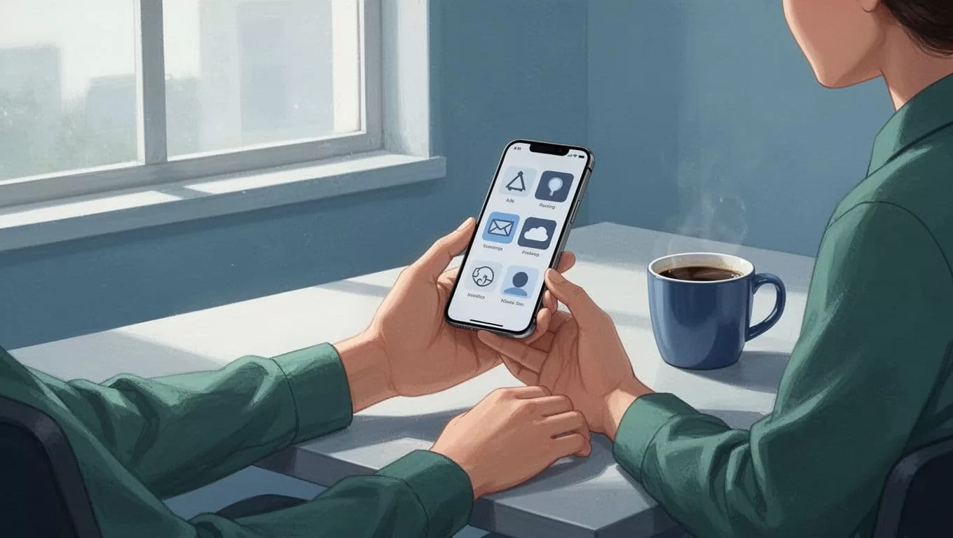 Person at desk holds angled smartphone showing money transfer app screen, coffee mug nearby.
