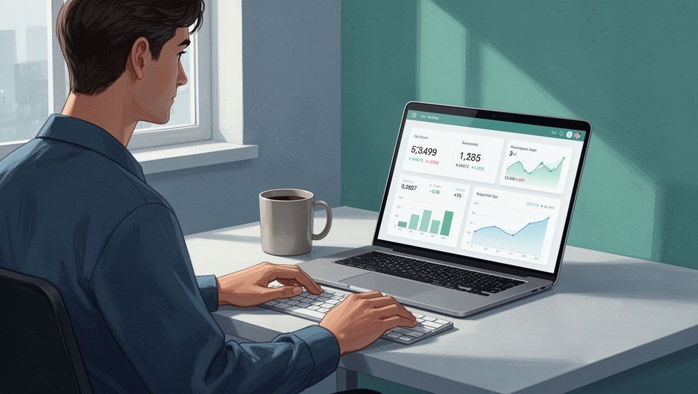 Person at desk with laptop showing Nigeria exchange rate calculator, hands near keyboard, coffee mug nearby.