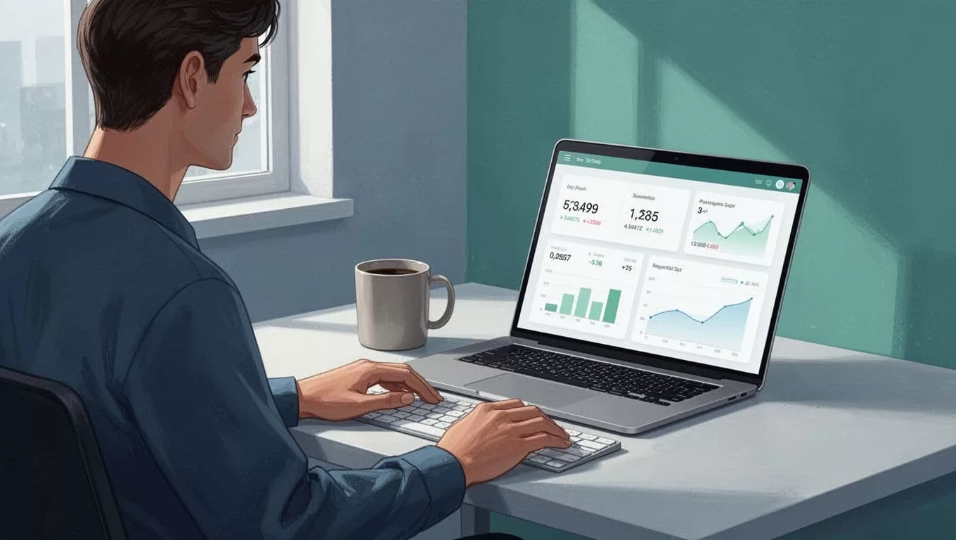 Person at desk with laptop showing Nigeria exchange rate calculator, hands near keyboard, coffee mug nearby.