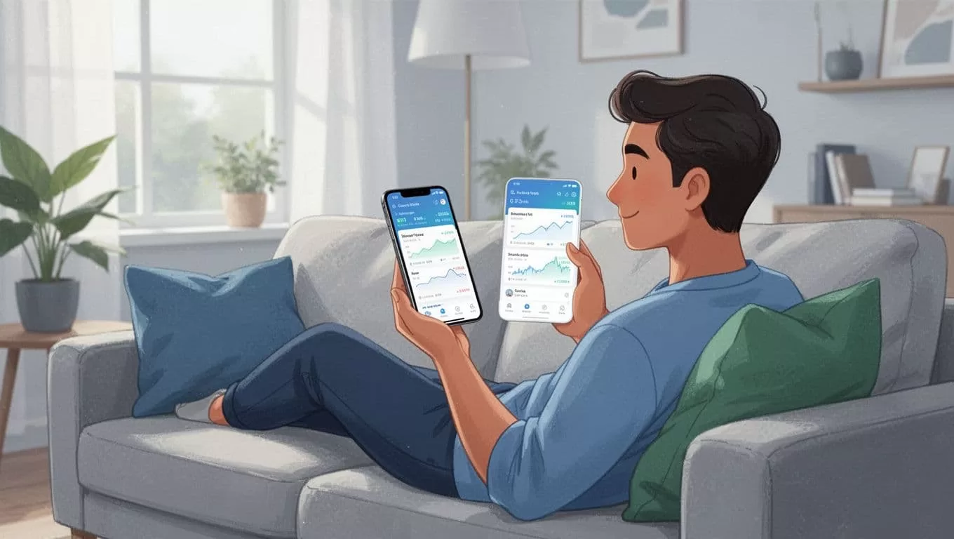 A person relaxes on a couch holding a smartphone displaying a money transfer app's Nigeria payout rate preview.