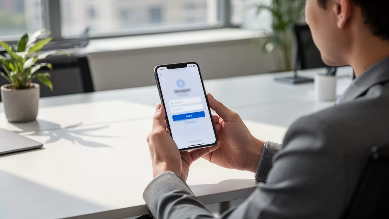 Person at desk holds smartphone showing blurred Remitly app signup screen for email and phone verification.