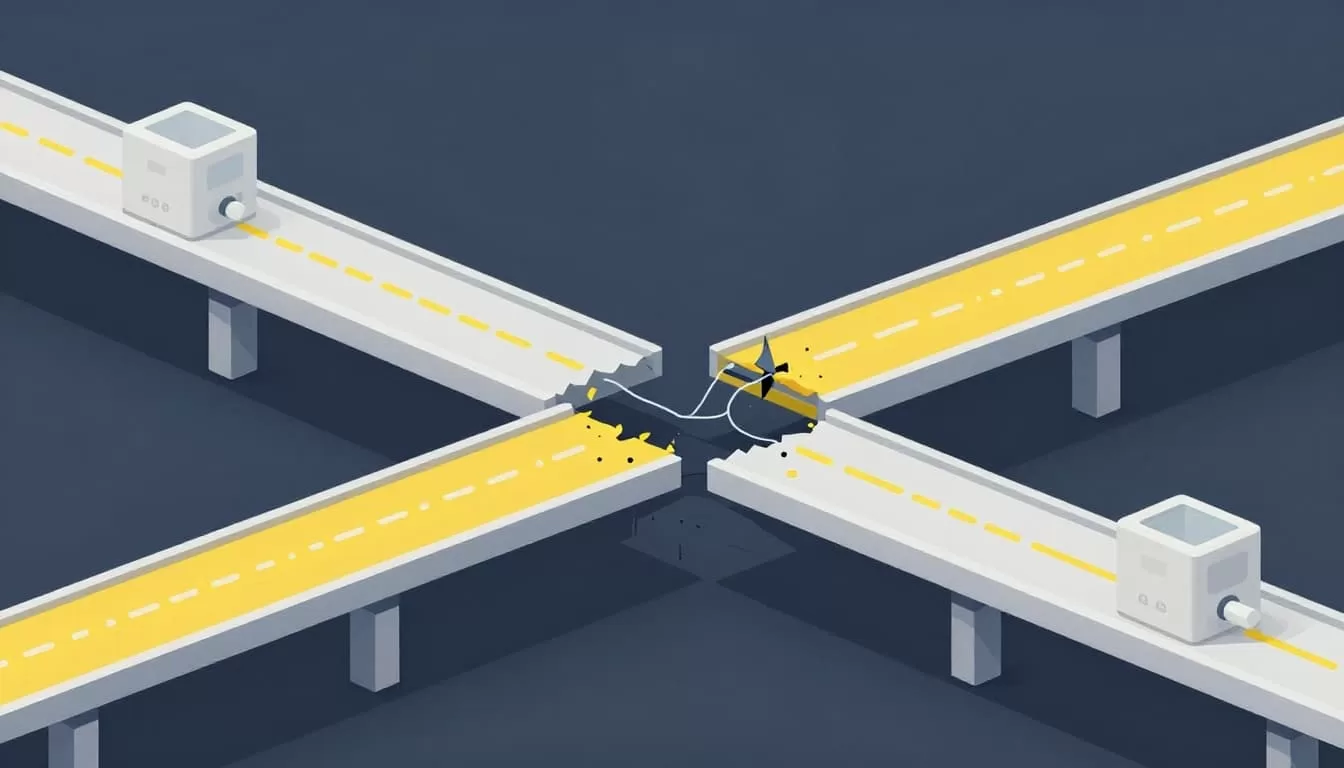 A minimalist graphic shows a fragmented digital bridge being mended by a glowing technical tool. Sleek geometric shapes and cool blue tones emphasize the precision of proactive network maintenance and link restoration.