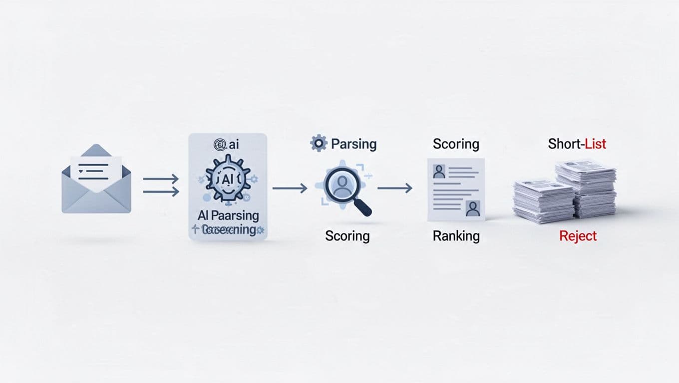 Flowchart shows resume screening from inbox to parsing, scoring, ranking into shortlist and reject piles with icons and arrows.