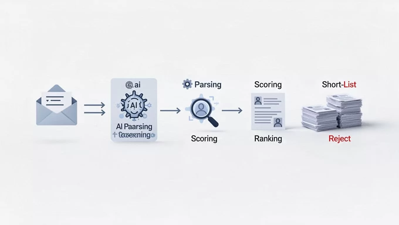 Flowchart shows resume screening from inbox to parsing, scoring, ranking into shortlist and reject piles with icons and arrows.