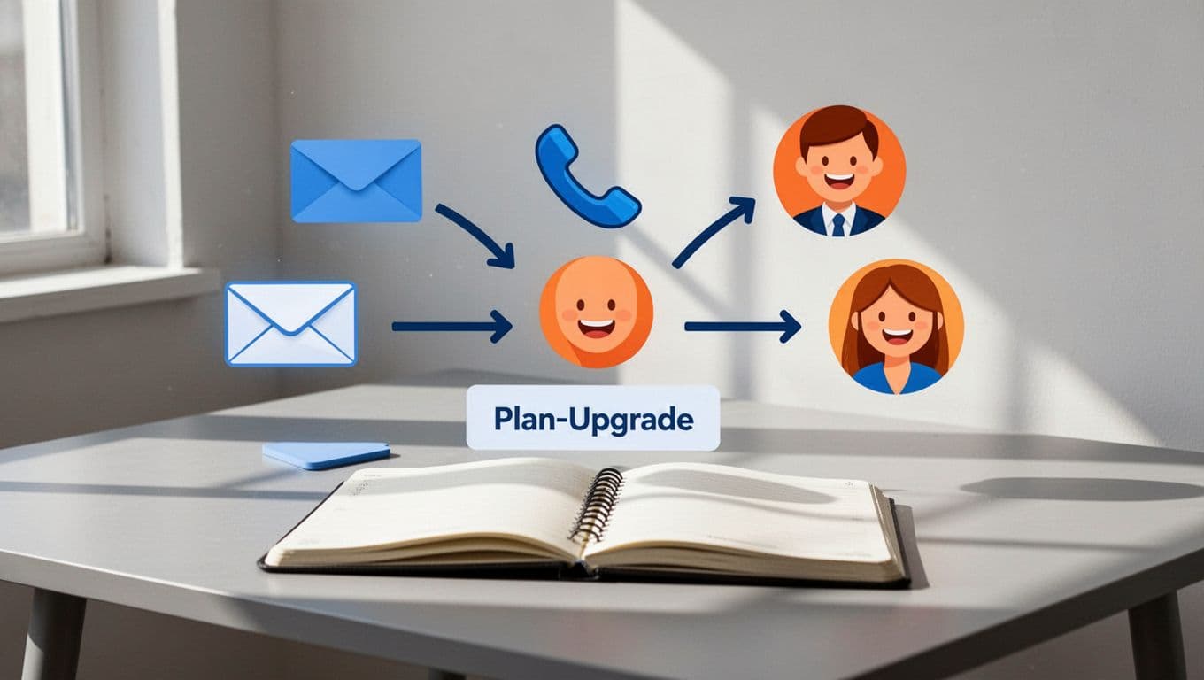 Email and phone icons with upgrade prompts connected by arrows to happy customer icons on minimalist desk with notebook.