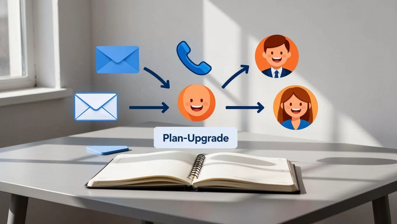 Email and phone icons with upgrade prompts connected by arrows to happy customer icons on minimalist desk with notebook.