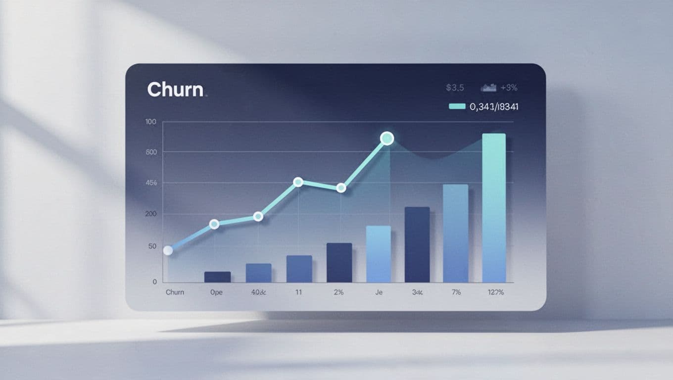 A clean, flat illustration featuring an upward trending line graph alongside a column chart representing churn.