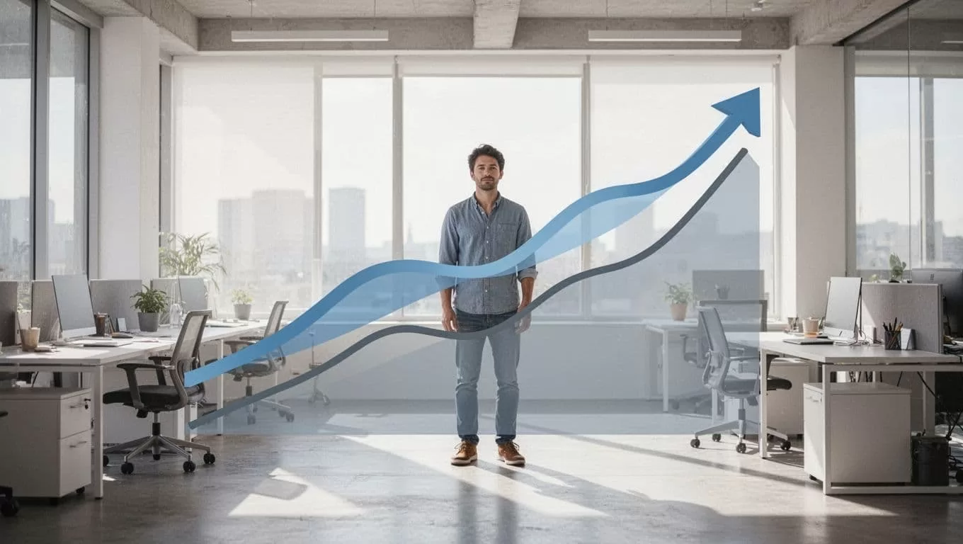 A minimalist chart displays three upward-trending lines representing revenue growth inside a bright, modern office setting.