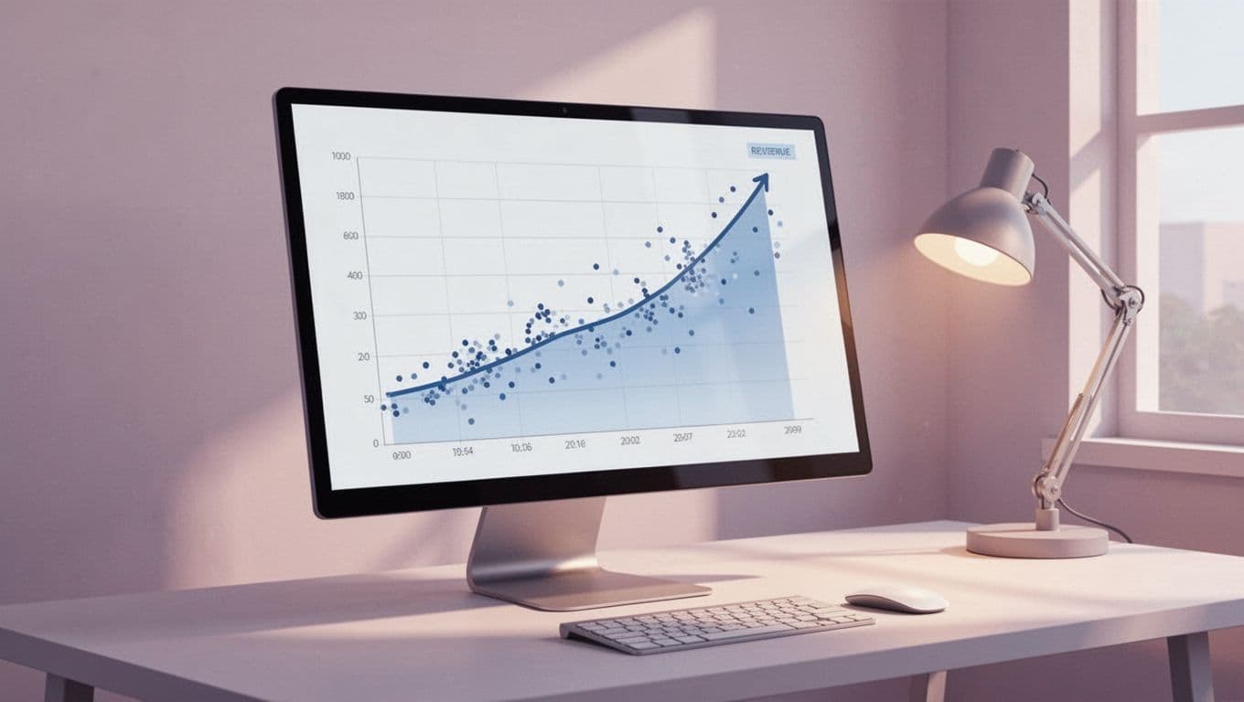 Computer monitor in quiet workspace shows smooth upward trend line over volatile daily data points, lit by soft desk lamp.