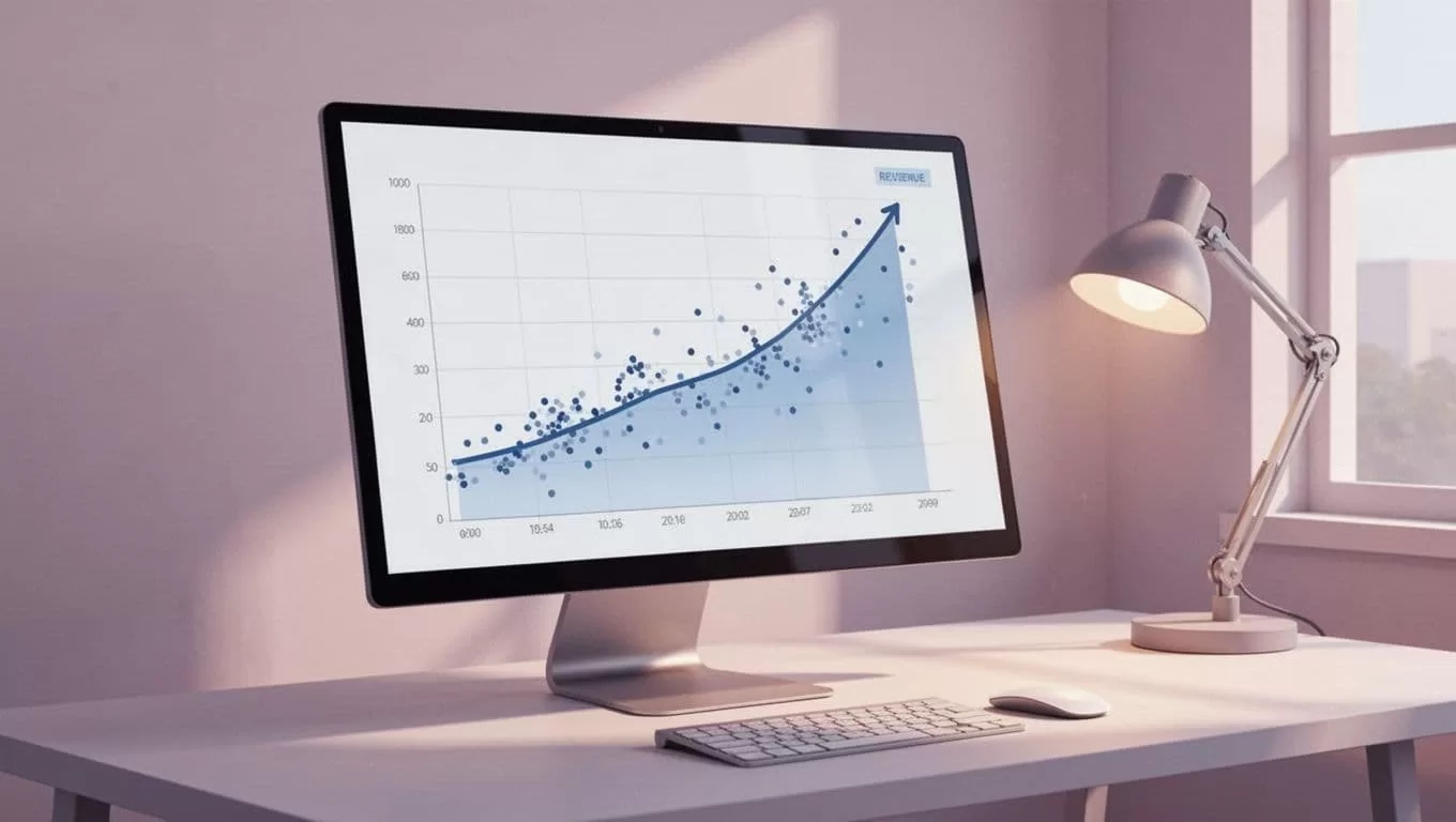 Computer monitor in quiet workspace shows smooth upward trend line over volatile daily data points, lit by soft desk lamp.