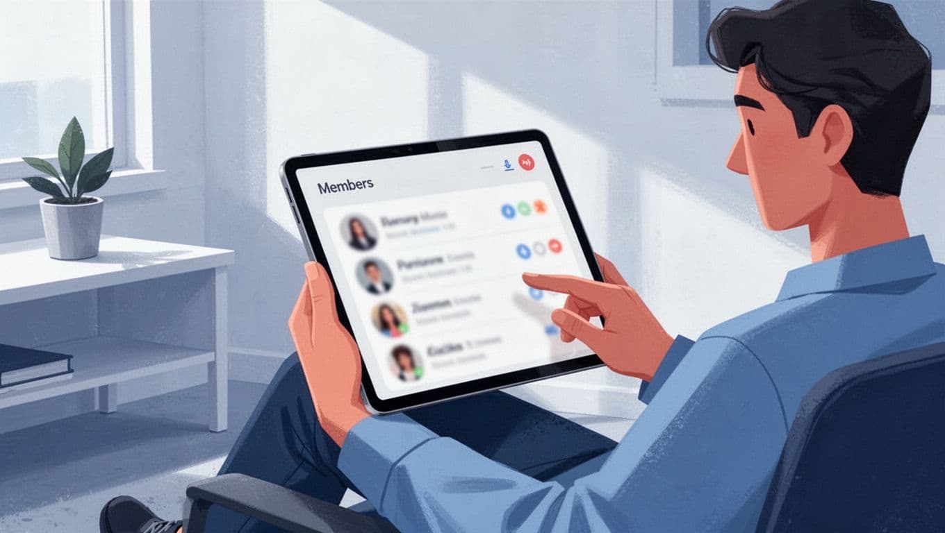 Person checks tablet screen showing blurred member profiles and access status icons in cozy workspace.