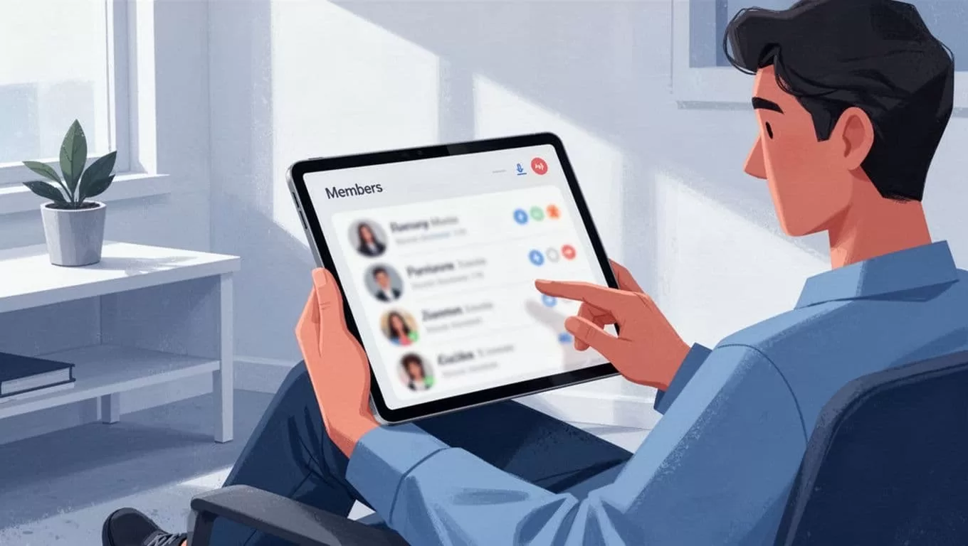 Person checks tablet screen showing blurred member profiles and access status icons in cozy workspace.