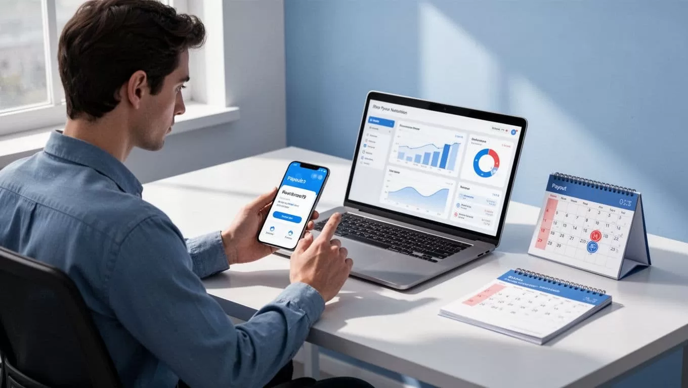 Person relaxes at desk checking payout notification on phone beside laptop with Skool analytics dashboard and Wednesday-marked calendar.