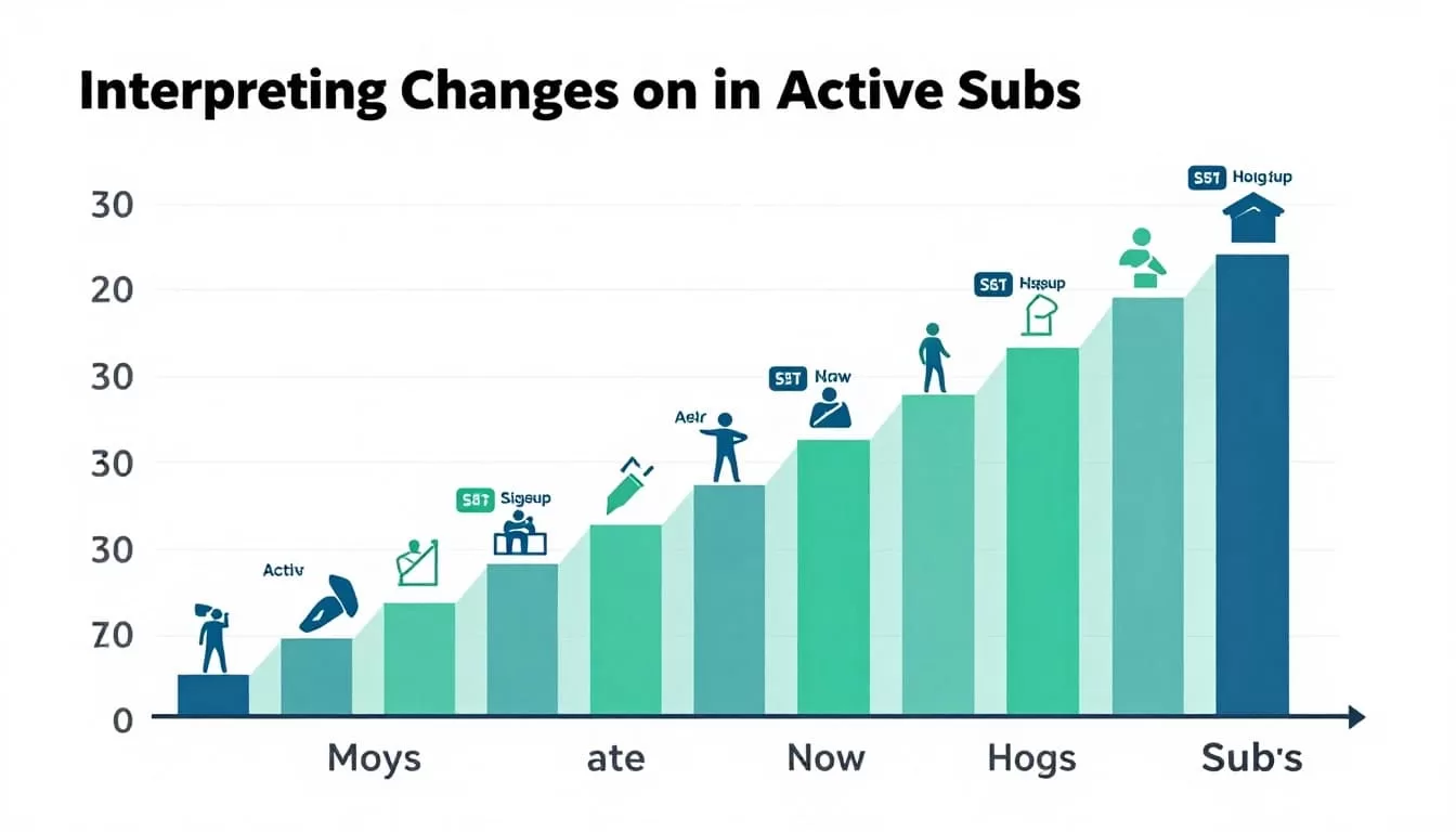 Line graph in blue-green tones shows rising active subscription count over months with signup and cancellation icons.