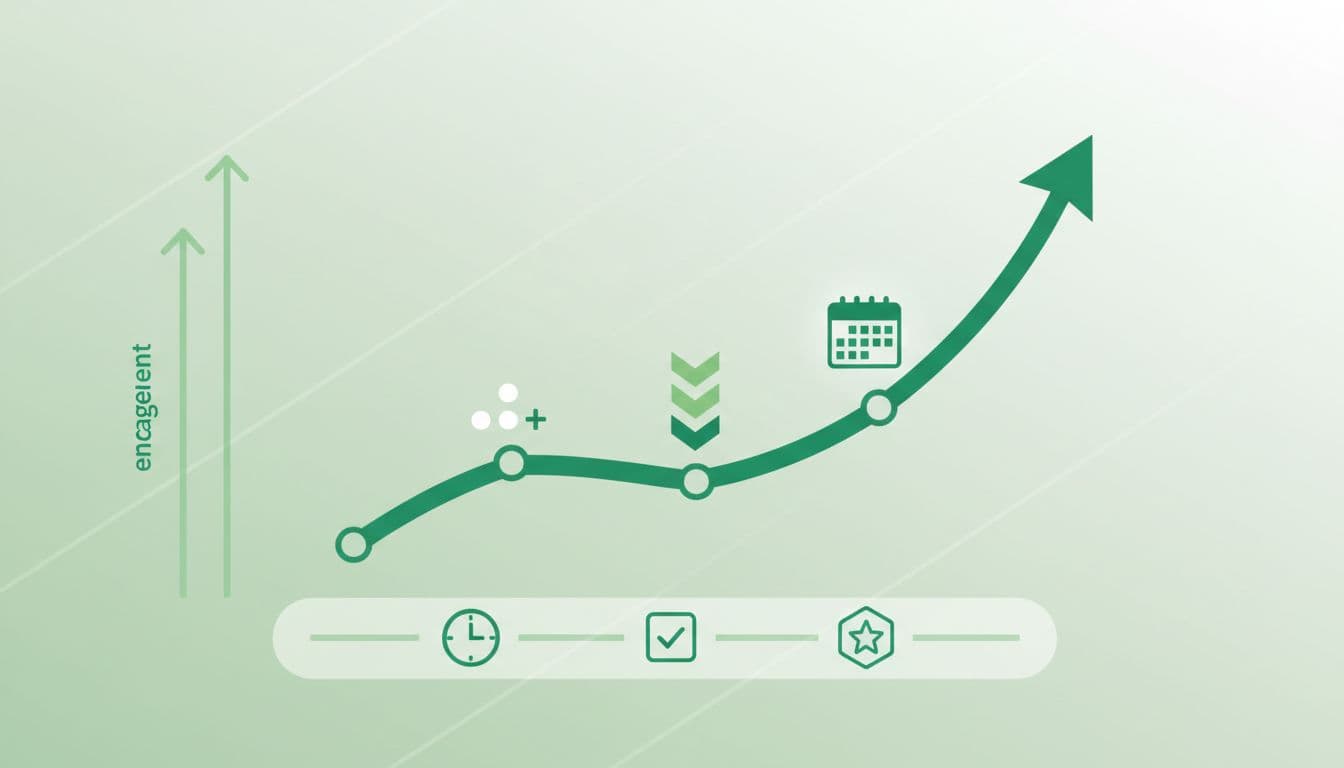Chart shows rising member retention with points, levels, and event icons on green graph background.