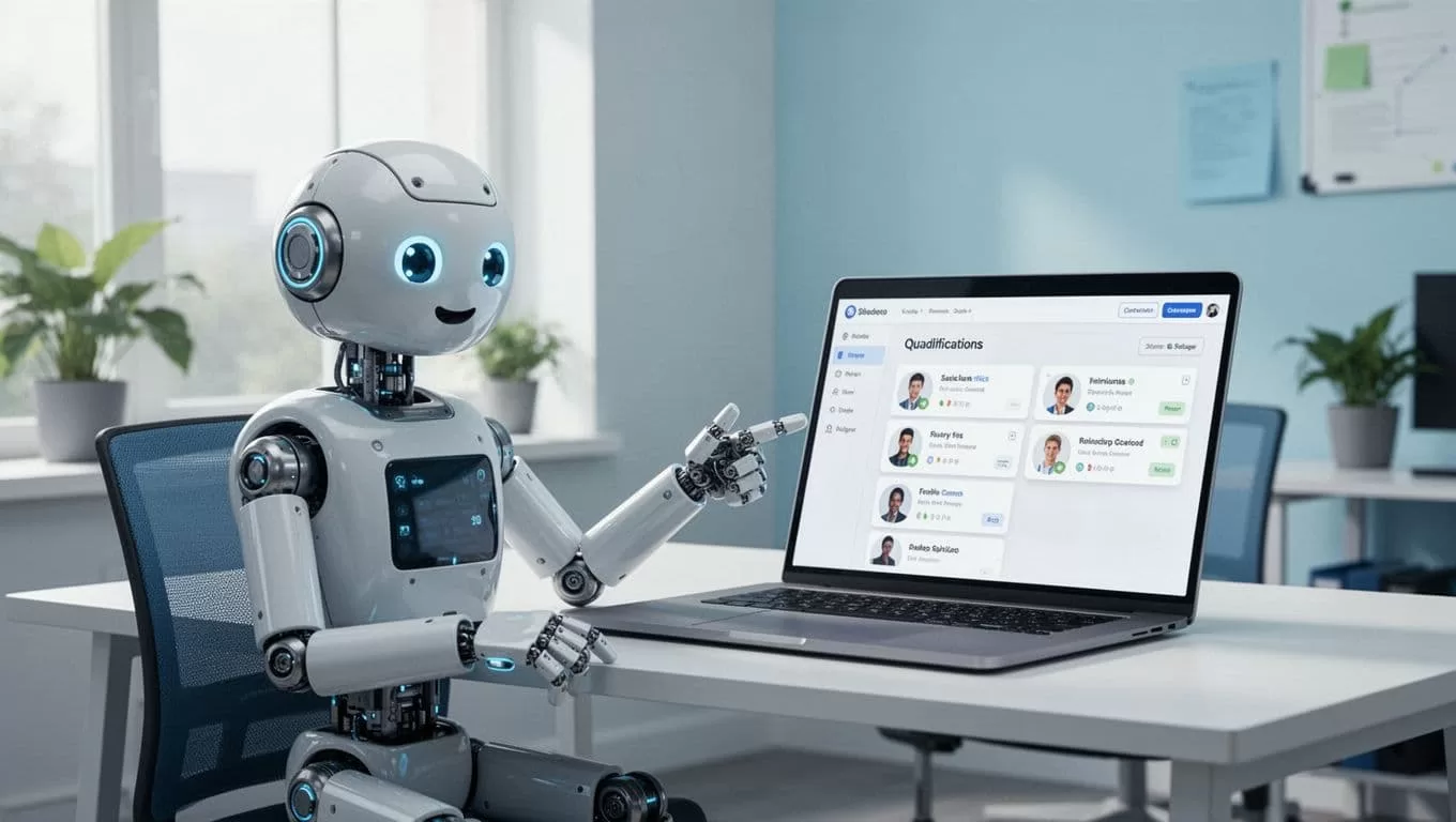 Simple robot at desk points to laptop screen showing recruiting dashboard with filtered LinkedIn and Greenhouse candidate profiles.