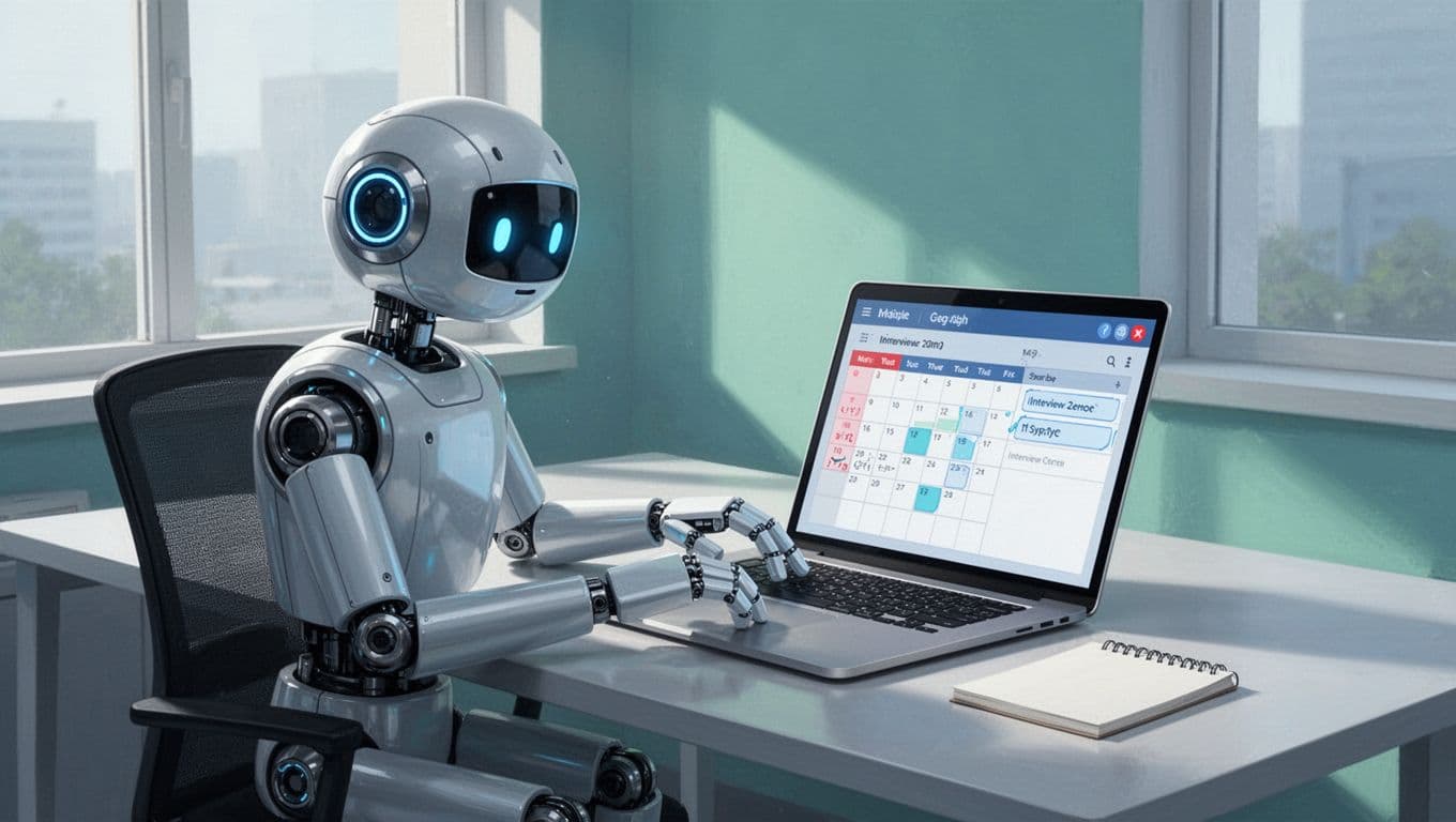 Robot at office desk coordinates Calendly schedules on laptop between candidate and interviewer.