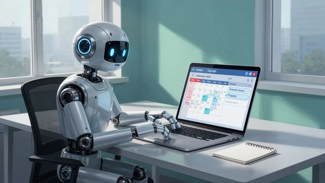 Robot at office desk coordinates Calendly schedules on laptop between candidate and interviewer.
