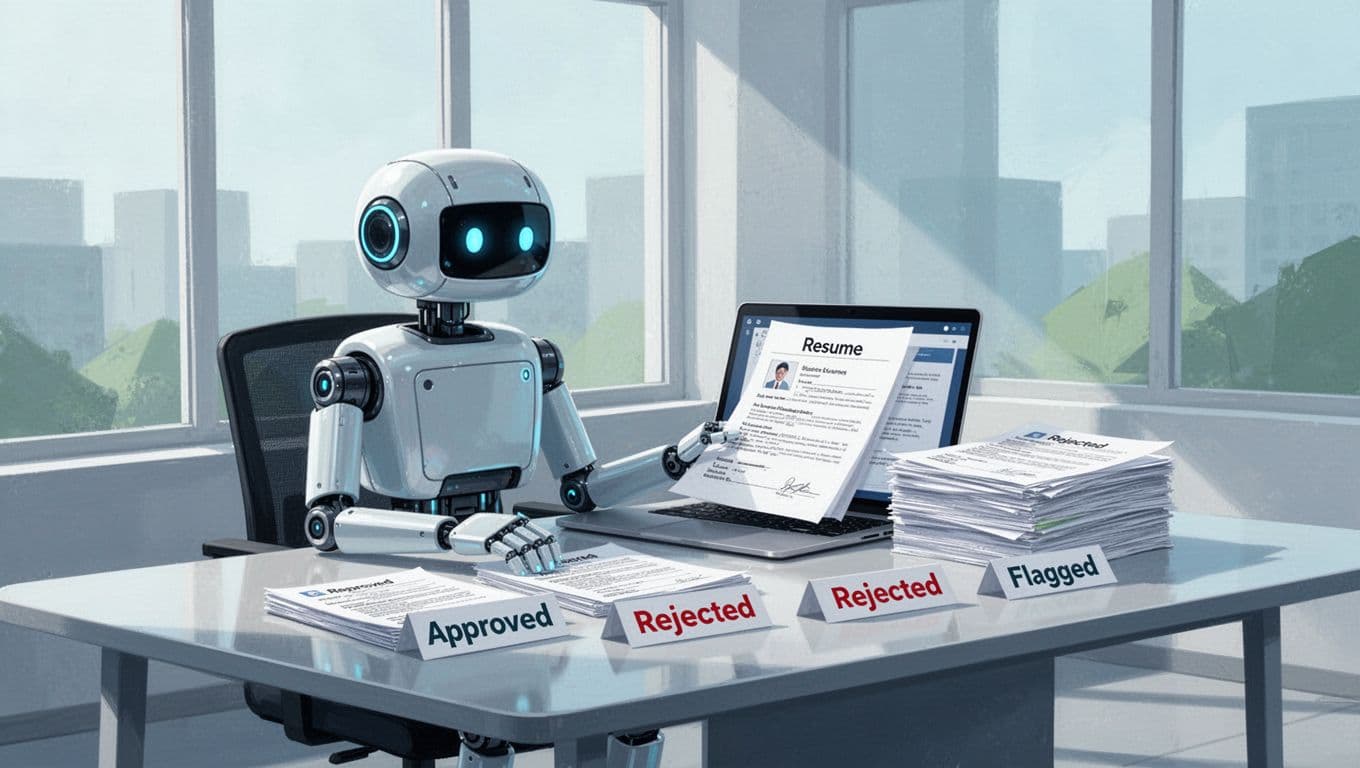 Robot at office desk examines resumes on laptop and sorts into approved, rejected, and flagged piles.