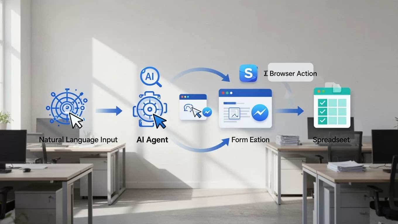 Simple flowchart icons show natural language input to AI agent, browser actions, and spreadsheet output in blue-white office background.
